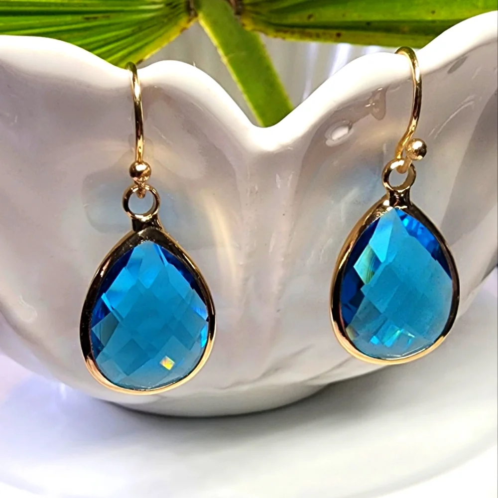 Blue Ice Tear Drop Dangle Gold Earrings Anthropologie NWT - Picture 1 of 3